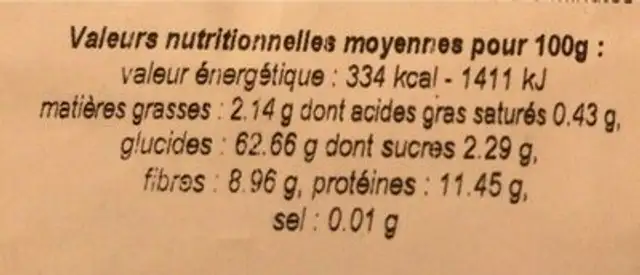 Vermicelles complets nutrition facts table