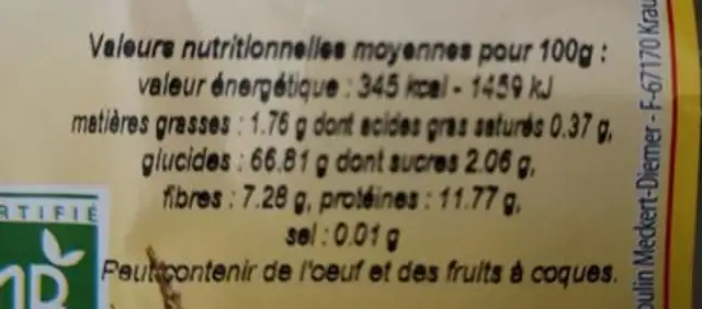 Spécialité aux champignons nutrition facts table