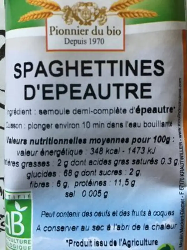 Spaghettines d'epautre ingredients label