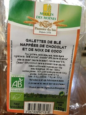 Galette de blé nappées de chocolat et de noux de coco front packaging
