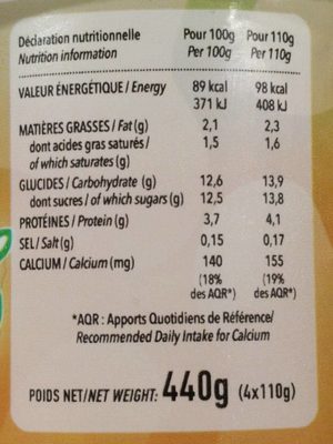 Aromatisé citron/mangue nutrition facts table