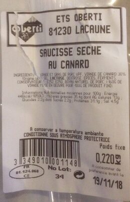 Saucisse seche au canard front packaging
