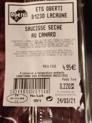 Saucisse seche au canard nutrition facts table