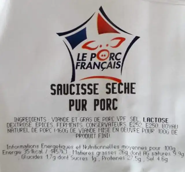 Saucisse sèche pur porc ingredients label