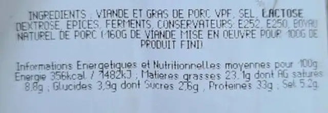 Saucisse sèche pur porc nutrition facts table