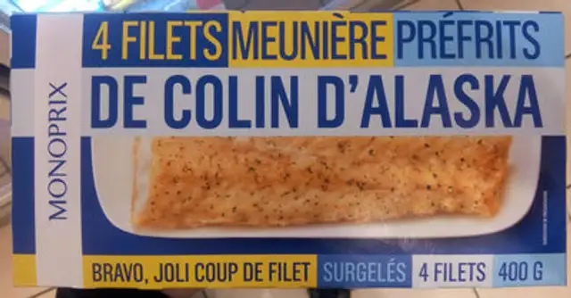 Filets meunière préfrits de colin d'Alaska, surgelés front packaging