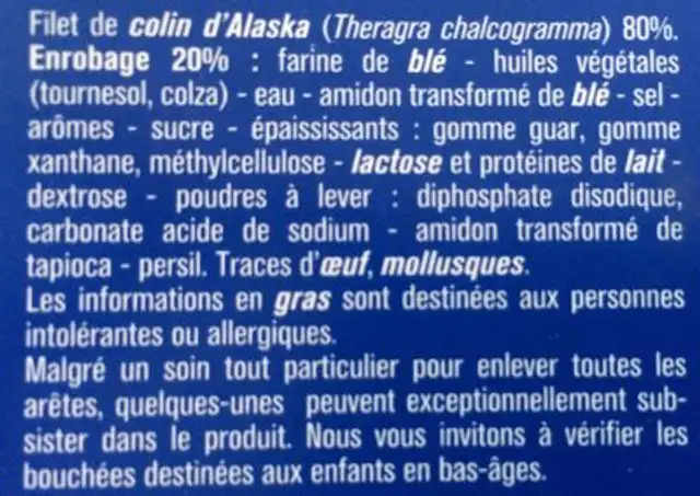 Filets meunière préfrits de colin d'Alaska, surgelés ingredients label