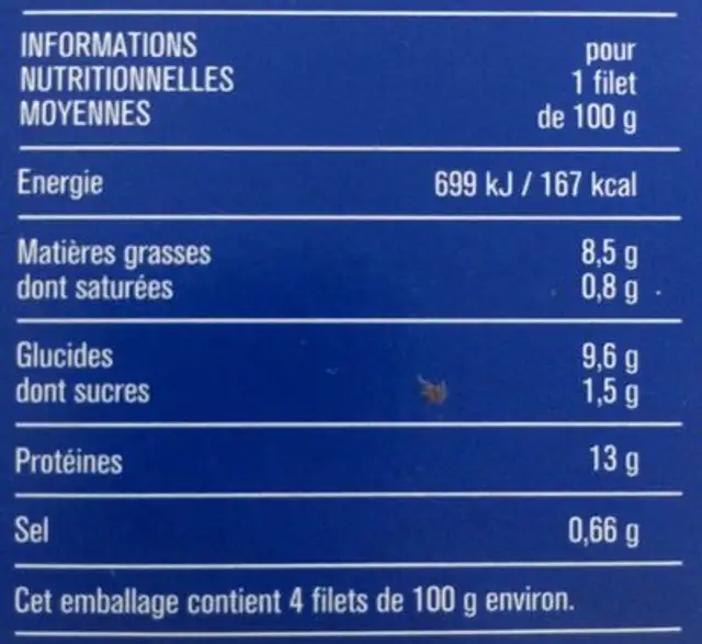 Filets meunière préfrits de colin d'Alaska, surgelés nutrition facts table