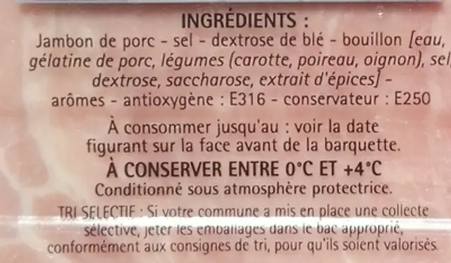 Jambon supérieur cuit au torchon Label Rouge ingredients label