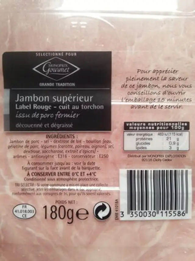 Jambon supérieur cuit au torchon Label Rouge nutrition facts table