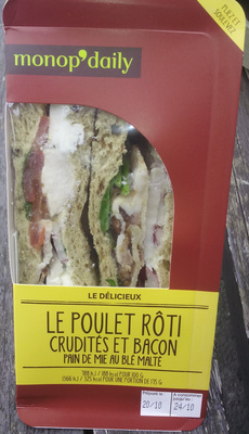 Le poulet rôti crudités et bacon pain de mie au blé malté front packaging