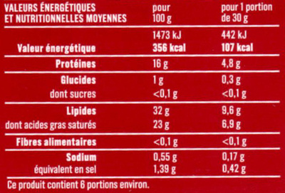 Brique au lait de vache (32 % MG) nutrition facts table