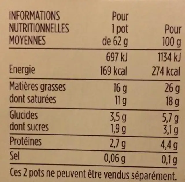 Fontainebleau Nature nutrition facts table