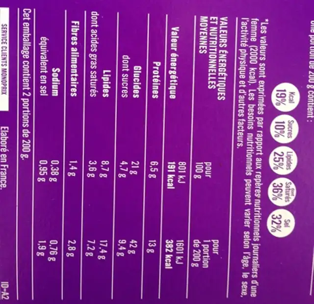 Tarte aux poireaux surgelée nutrition facts table