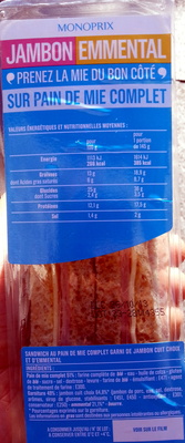 Jambon emmental sur pain de mie complet