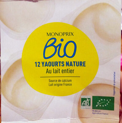 Yaourt nature bio au lait entier front packaging