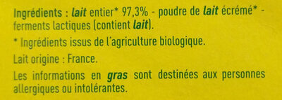 Yaourt nature bio au lait entier ingredients label