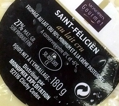 Saint-Félicien au lait cru ingredients label