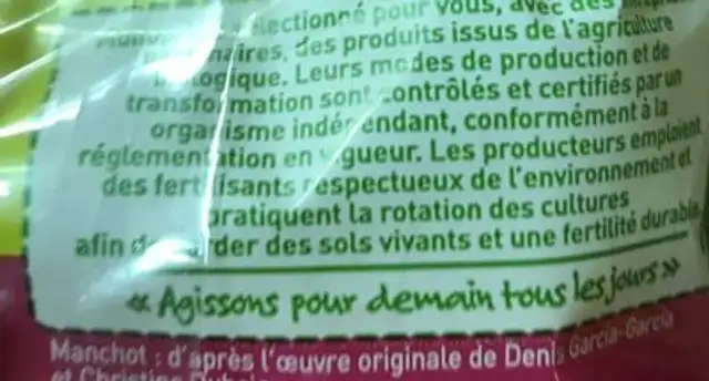 Citron jaune Bio, Catégorie 1 ingredients label