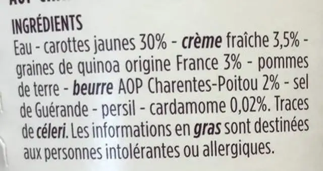 Soupe de Carotte Jaune et Quinoa ingredients label