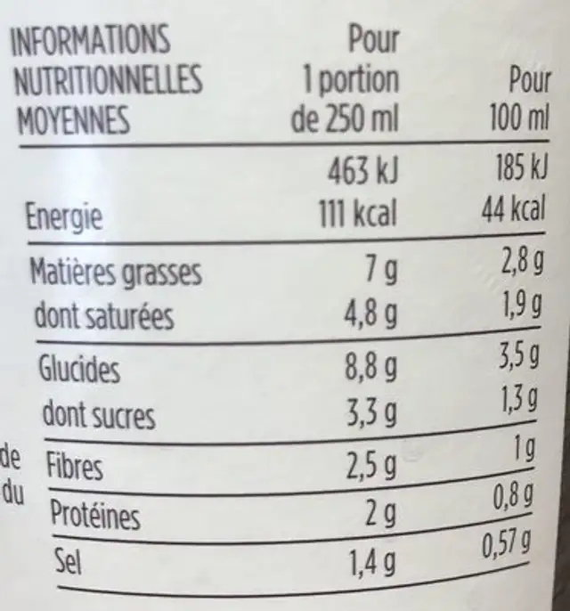 Soupe de Carotte Jaune et Quinoa nutrition facts table