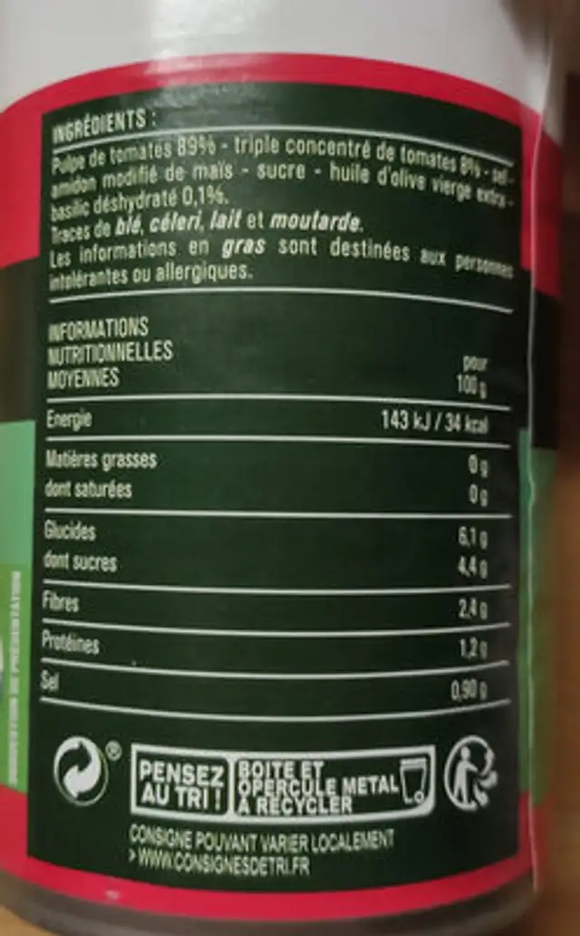 Chair de tomates au basilic ingredients label