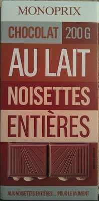Chocolat au lait noisettes entières front packaging