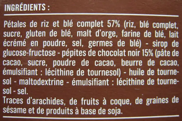 6 Barres Croustillantes - Riz et Blé Complet aux Pépites de Chocolat ingredients label