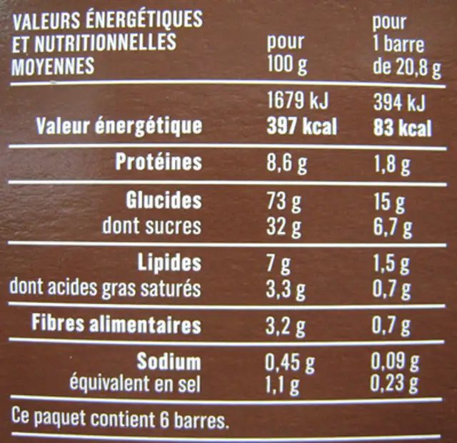 6 Barres Croustillantes - Riz et Blé Complet aux Pépites de Chocolat nutrition facts table