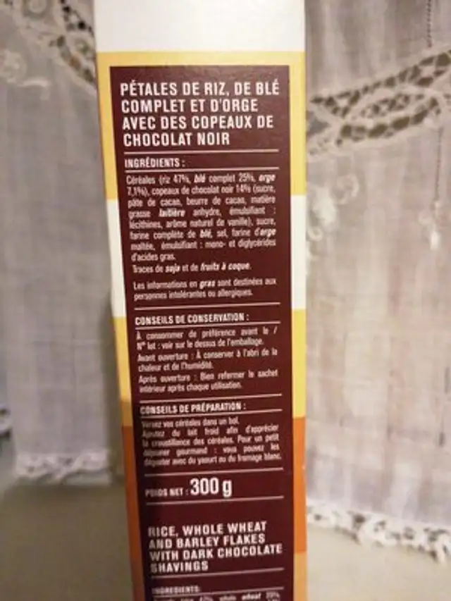 Pétales riz & blé complet aux copeaux de chocolat ingredients label