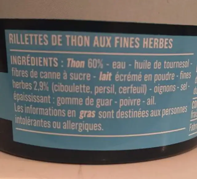 Rillettes de thon aux herbes ingredients label