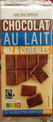 Chocolat au lait, riz et céréales Max Havelaar front packaging