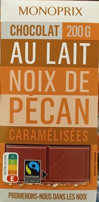 Chocolat au lait et aux morceaux de noix de pécan caramélisées front packaging