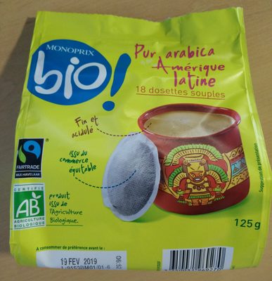 Dosettes de café pur arabica, Amérique Latine, certifié AB front packaging