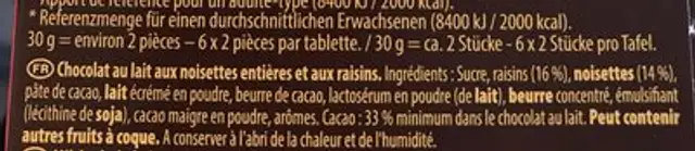 Chocolat au lait raisins noisette ingredients label