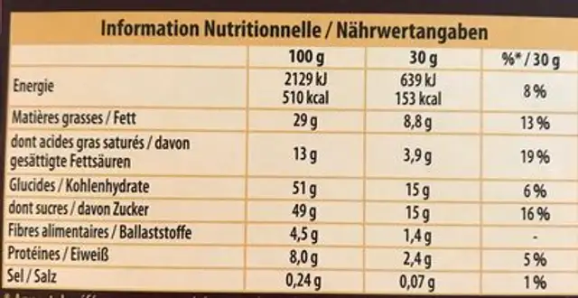 Chocolat au lait raisins noisette nutrition facts table