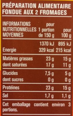 Fondue 2 Fromages nutrition facts table