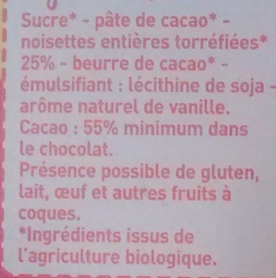 Chocolat noir aux Noisettes entières Bio ingredients label