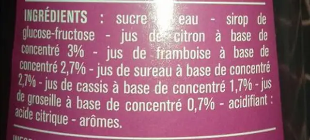 Sirop grenadine ingredients label