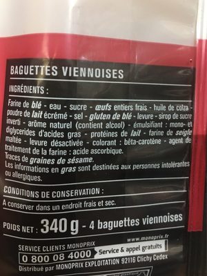 Baguettes viennoises ingredients label