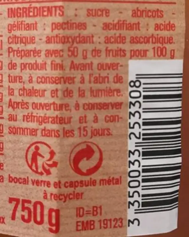 Confiture extra abricots ingredients label