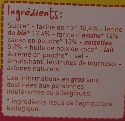 Céréales fourrées chocolat noisettes ingredients label