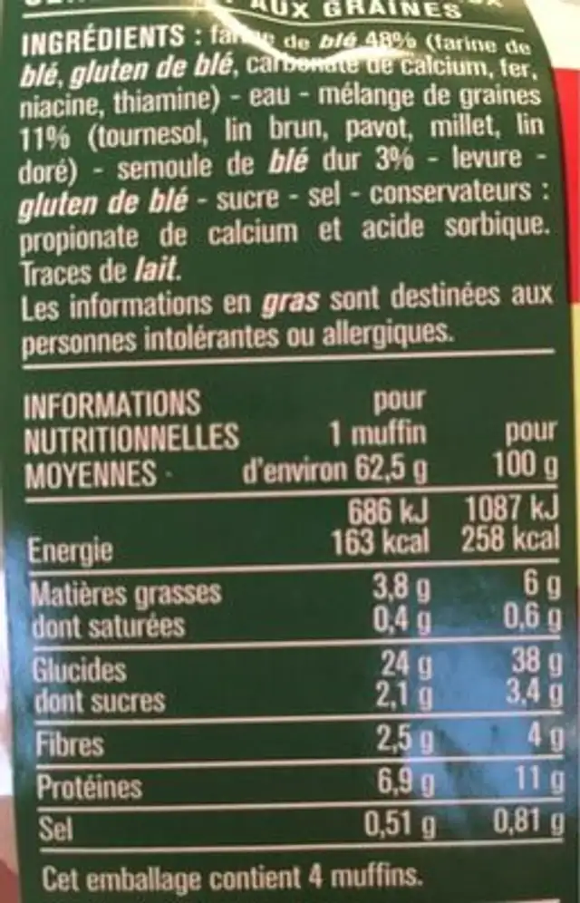 4 Muffins céréales & graines nutrition facts table