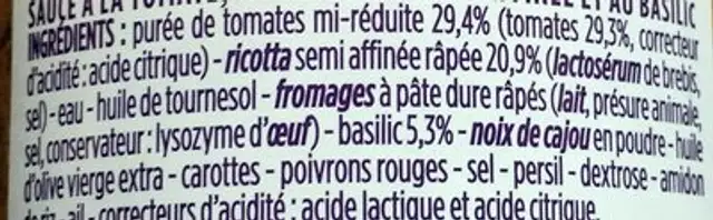 Tomate, Ricotta, Basilic ingredients label
