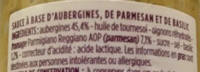 Sauce aubergine parmesan basilic ingredients label