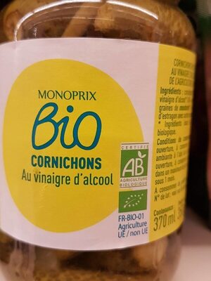 Cornichons bio au vinaigre  d'alcool front packaging