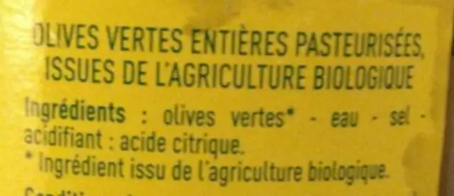 Olives vertes entières ingredients label