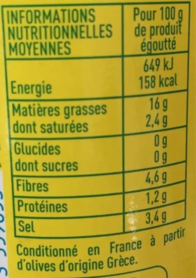 Olives vertes entières nutrition facts table