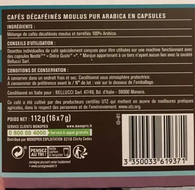 Capsules Decafeine Dolce Gusto ingredients label