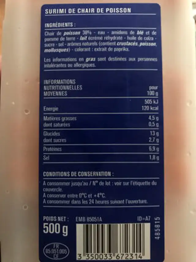 Bãtonnets de surimi ingredients label